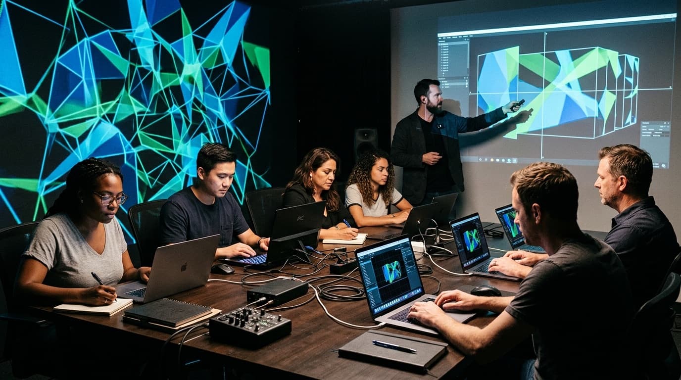 Une session de formation au mapping vidéo : le formateur montre une projection à l'écran, les élèves suivent sur leurs portables.
