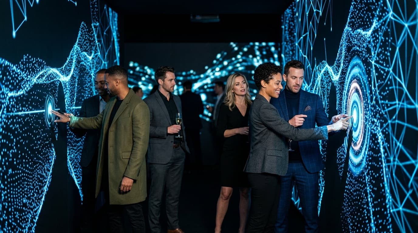 Un événement de marque dans l'Immersive Room : invités en costume devant les murs génératifs réactifs, coupes à la main.