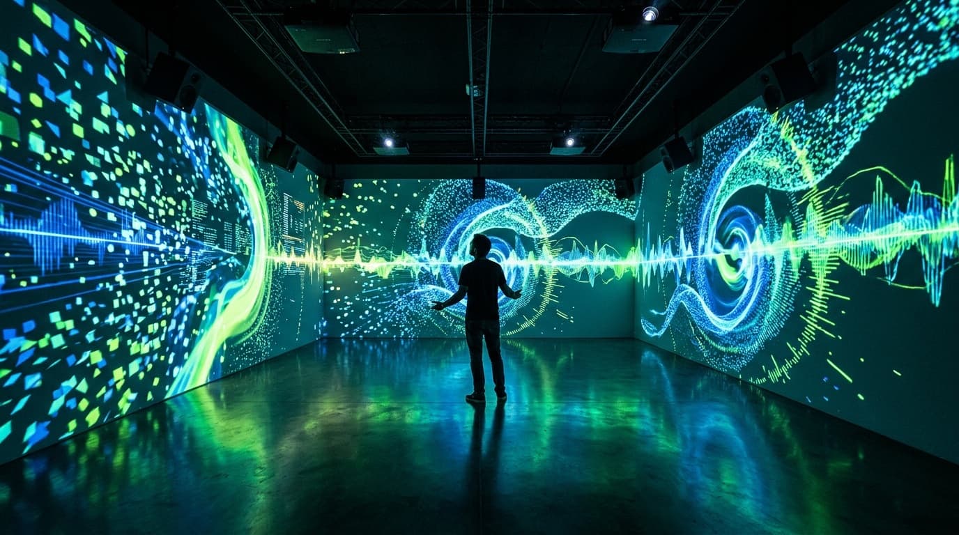 Le cube en projection sur les six faces, quelqu'un debout au centre.